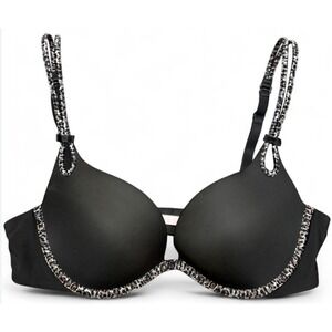 Victoria's Secret Sexy Little Things Black Leopard Trim Underwire Bra 36DD‎